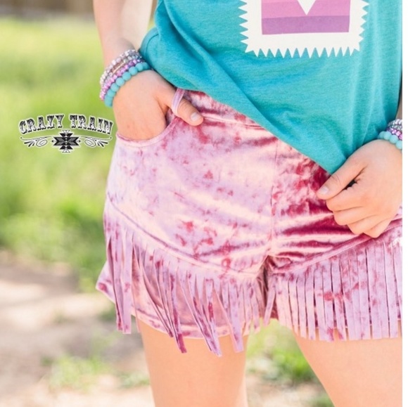 CRAZY TRAIN PINK VELVET SHORTS FRINGE RODEO 2XL - Picture 3 of 3